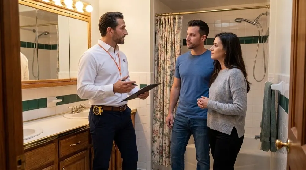 Sales representative consulting with homeowners in a bathroom