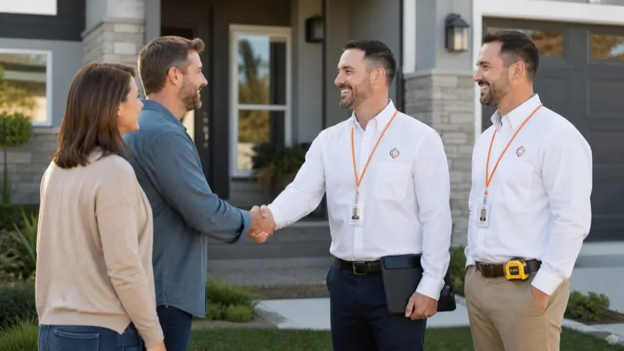 A home-service sales team meeting a client in front of a home
