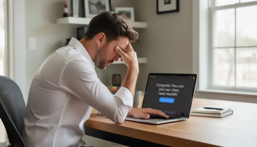 A salesperson frustrated by a delayed course start date